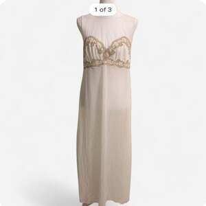 Vintage Maika White Nylon Full Slip Nightgown Lace Trim Maxi Lingerie M
